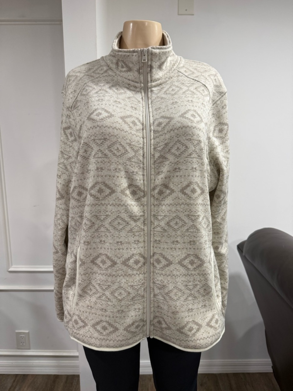 Eddie Bauer Cream and Light Taupe Geometric Zip Jacket